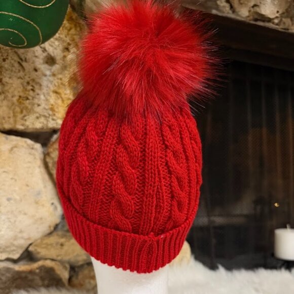 Red Knit Beanie Hat With Pom Pom Cozy Winter One Size - Picture 4 of 5